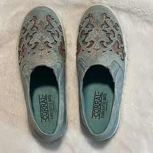 Ladies Corral Leather Sneakers E1564 Turquoise/Pink Inlay & Sequins Slip on NWOB